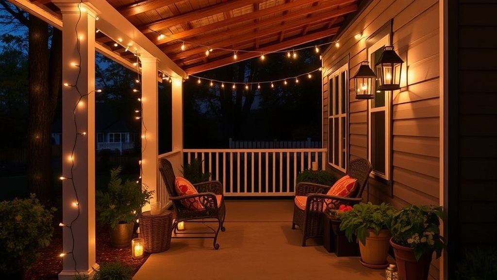 Front porch decor with hanging lanterns and cozy evening lighting.”
