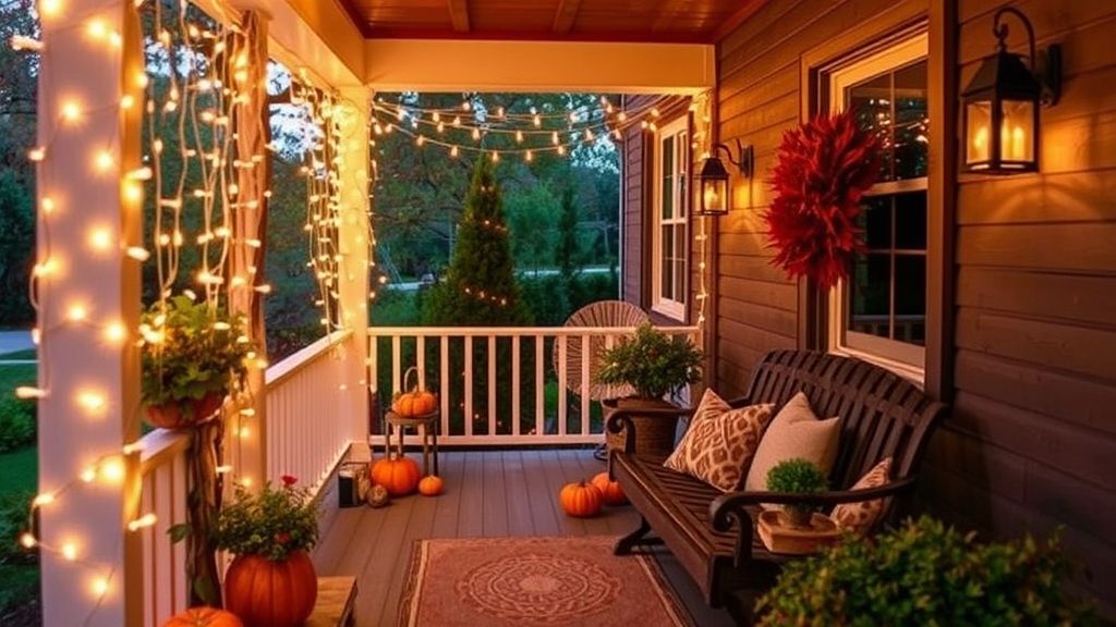 Fall porch ideas with string lights creating cozy evening ambiance.