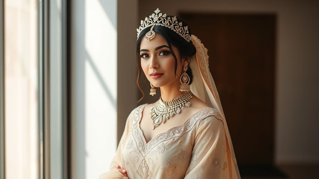 Bride posing in Diadem - Bridal Lehe during a modern photoshoot.