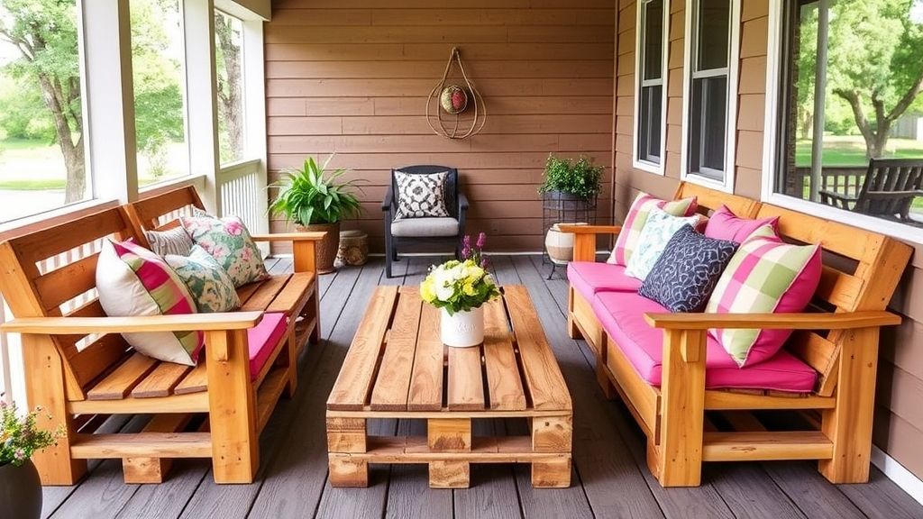 DIY pallet furniture used for a budget-friendly screened in porch ideas.