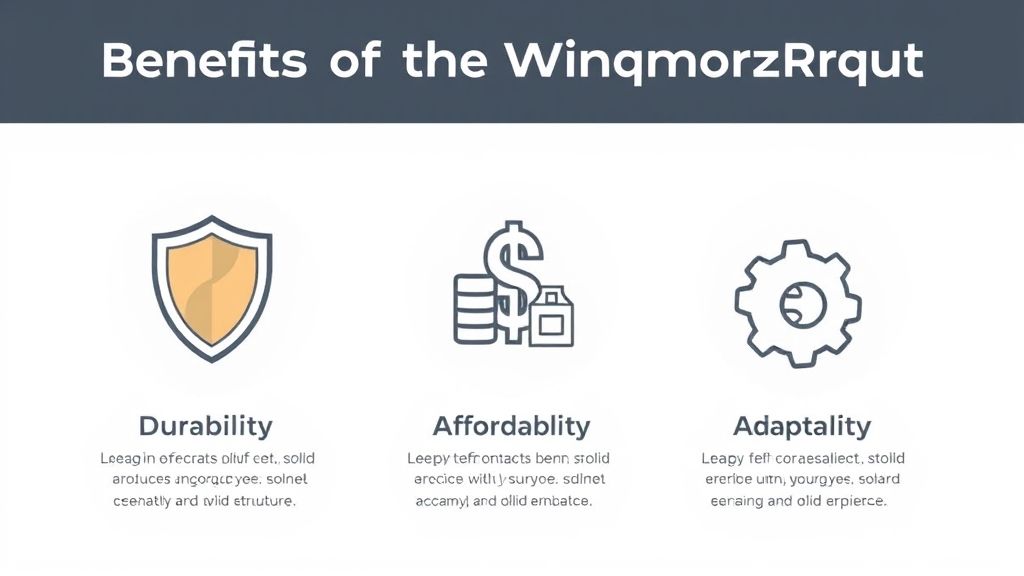 Winqizmorzqux Product benefits including durability, affordability, and adaptability in infographic style.