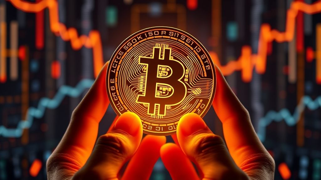Hands holding Bitcoin symbol in futuristic digital background.