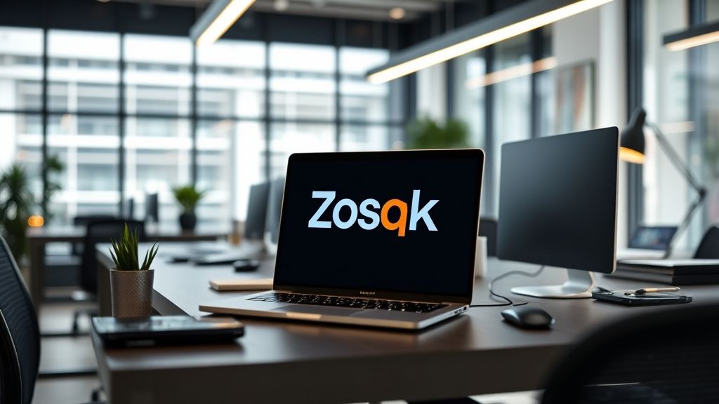 Laptop screen displaying the word Zosqk, symbolizing its potential as a brand name.