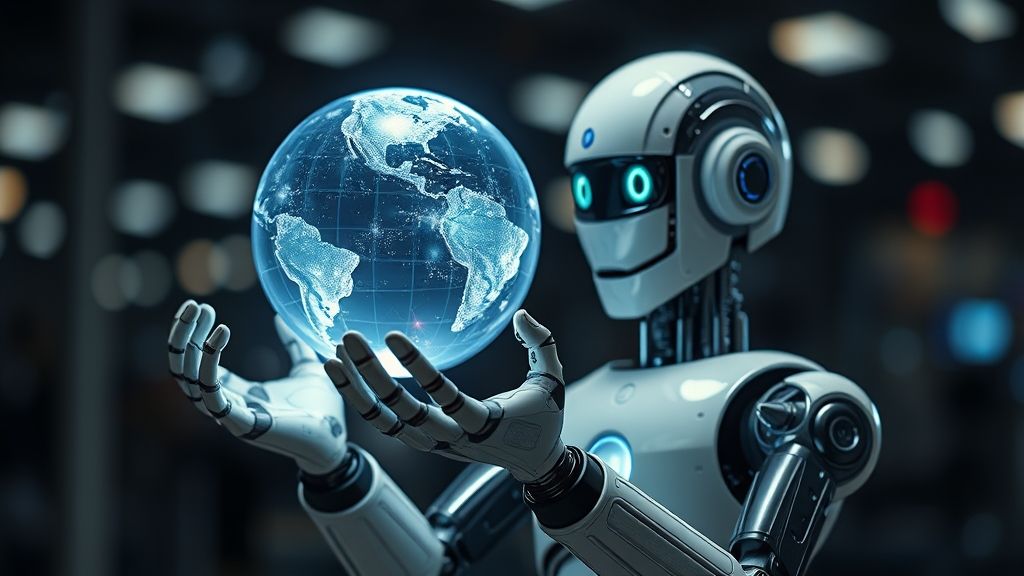 Cute futuristic Geekzilla robot holding a glowing holographic globe in its hands.