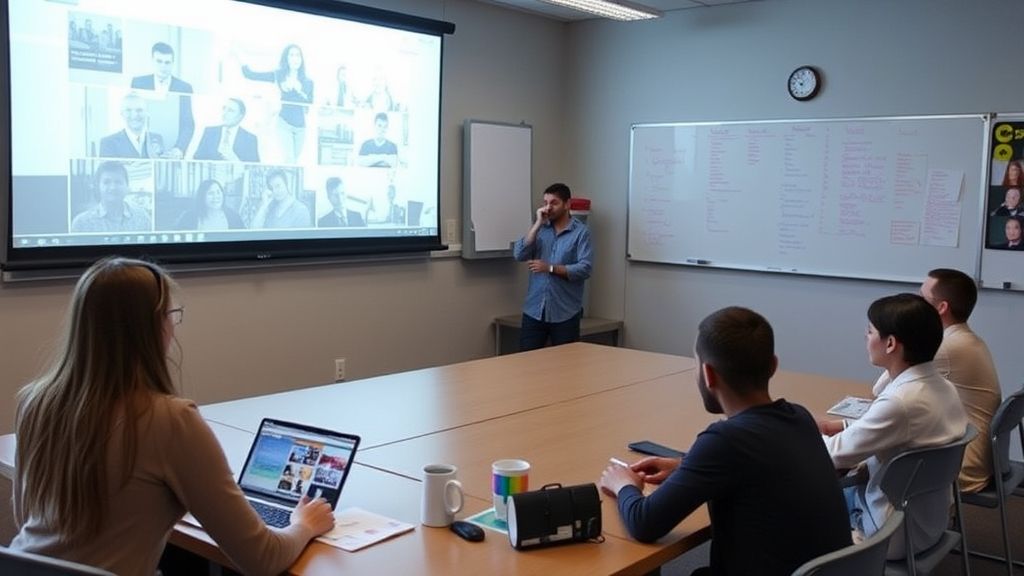 Teacher explaining lessons with digital board powered by classroom15x.