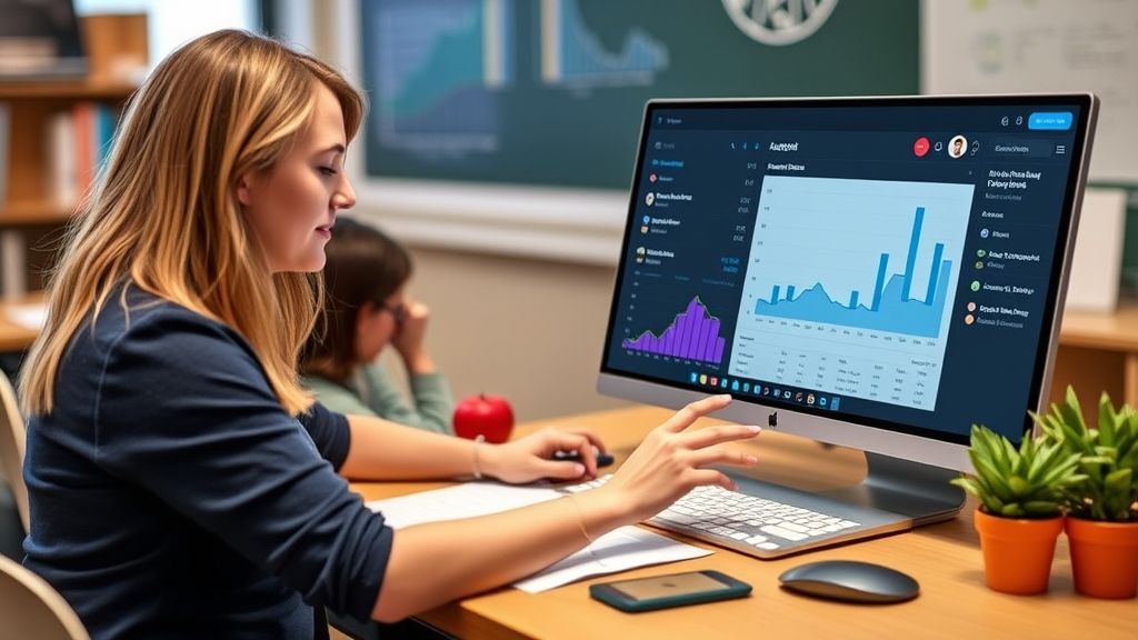 Teacher managing lessons and student data through Classroom30x dashboard.