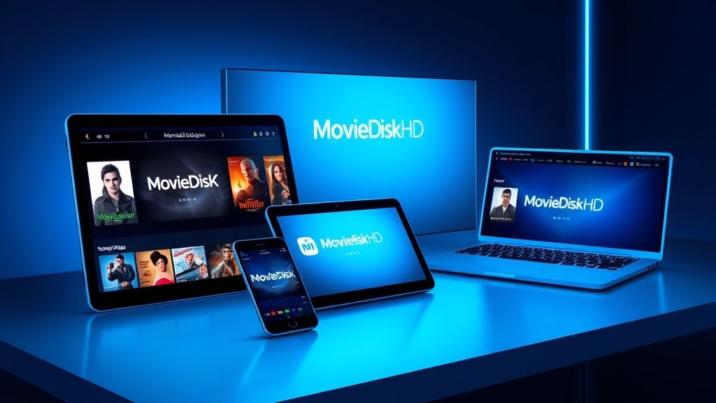Illustration of movies streaming on phone, tablet, and laptop with MovieDiskHD.