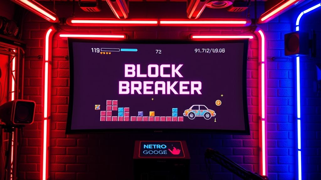 Retro arcade theme showing Block Breaker de Google gameplay.