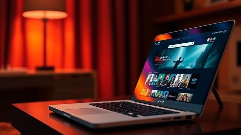 Streaming free movies on YupMovie Com using a laptop.