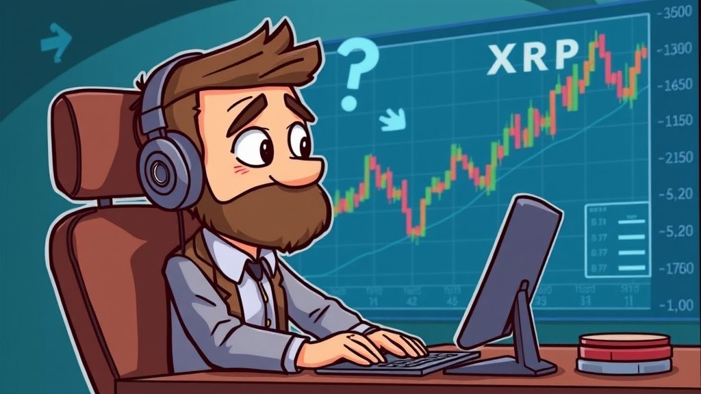 Cartoon trader analyzing XRP charts wondering about investment.