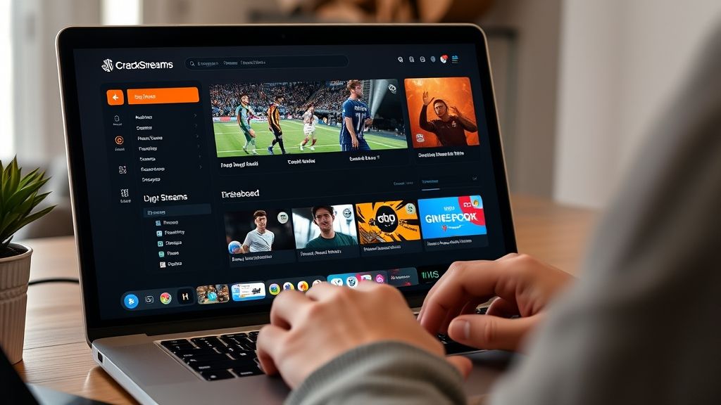 User exploring Crackstreams 2.0 sports streaming dashboard on a laptop.