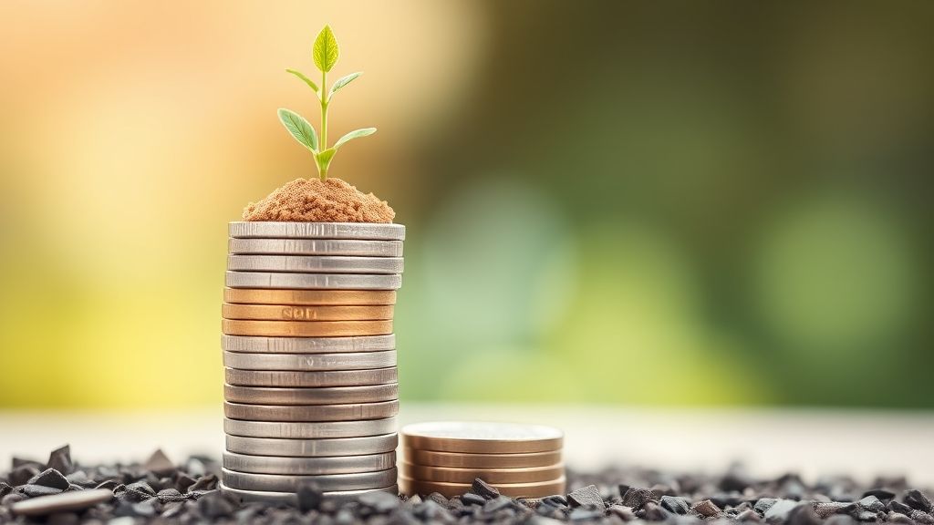 Stacked coins with a small plant symbolizing financial growth through smart stock investing.