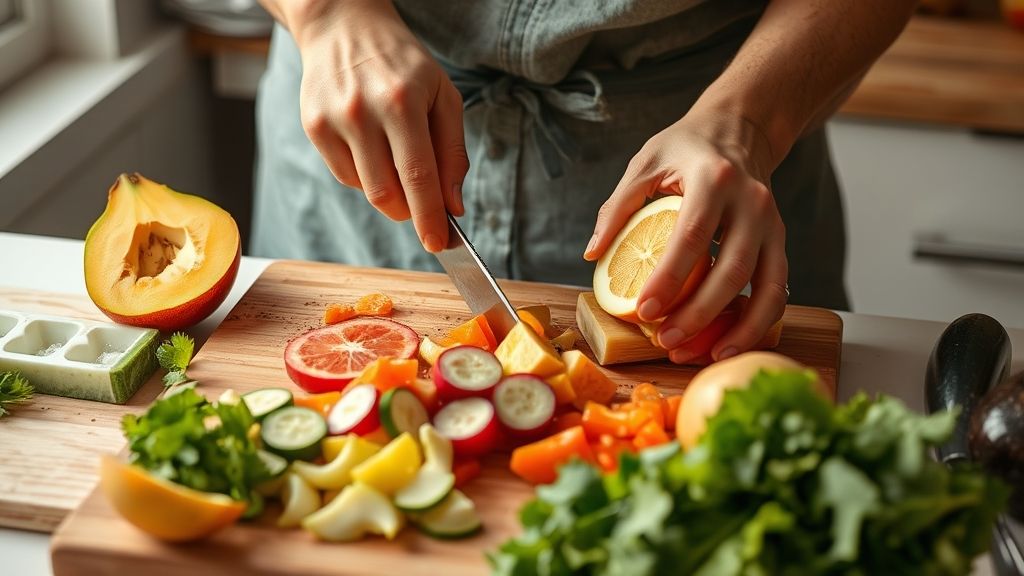 Hands slicing fresh fruits and vegetables with peels left on, promoting healthy eating and natural nutrition on wellhealthorganic.com.